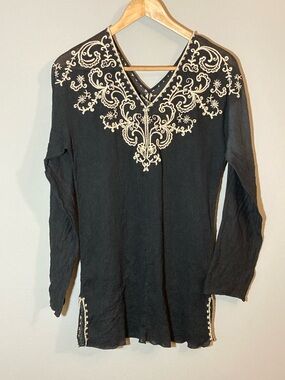 Lucky Brand Black Tunic with Cream Embroidered Yoke